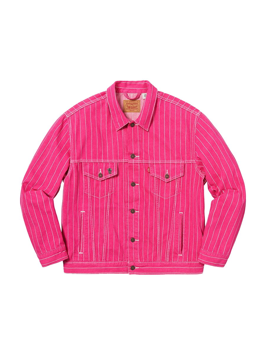 Supreme x Levi's Pinstripe Trucker Denim Jacket (with Pin) Magenta Stripe